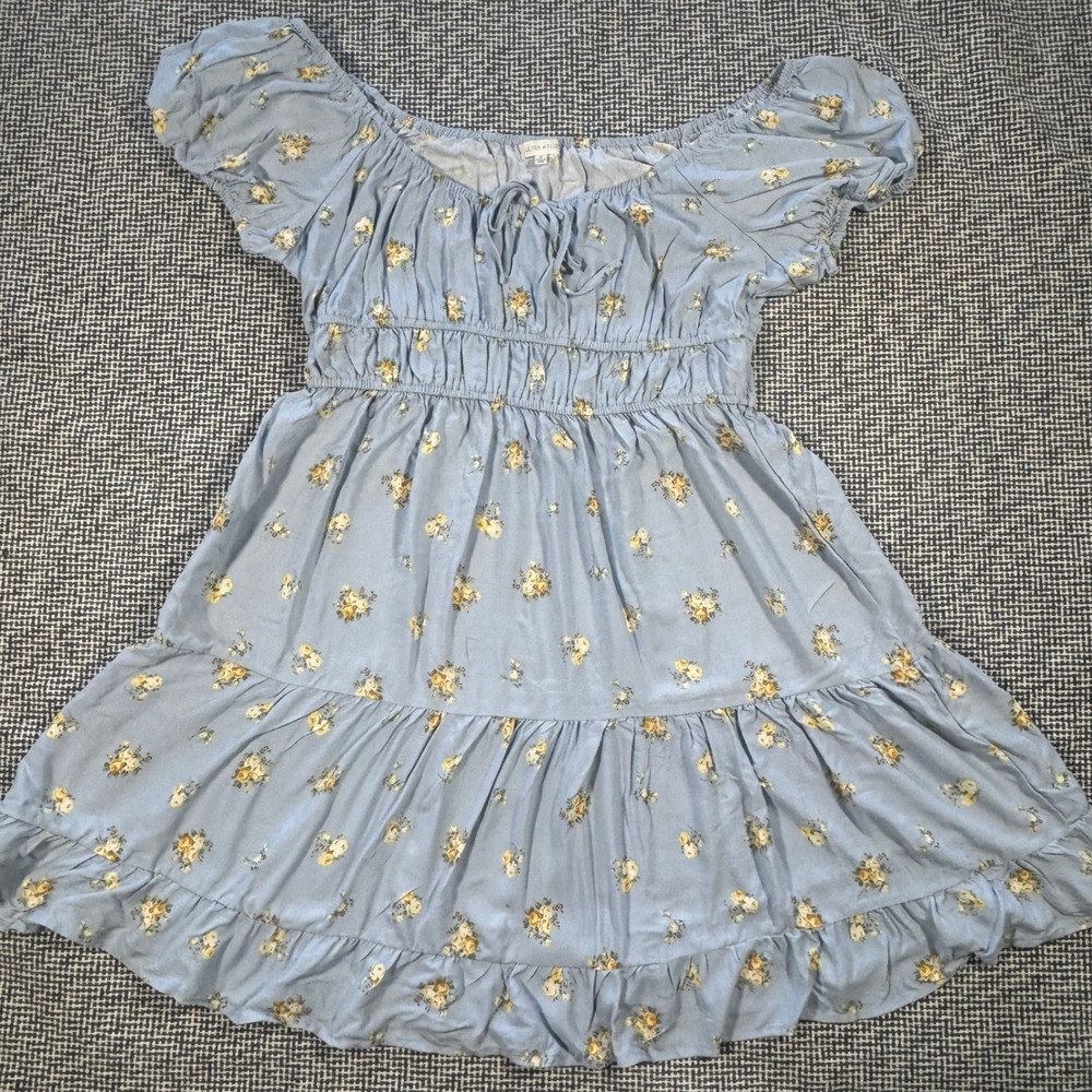Ultra Flirt Light Blue Floral Smocked Mini Dress Short Puff Sleeve Womens Medium
